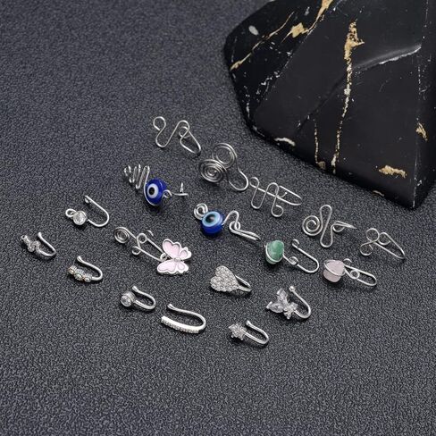 fxiqini 24 قطعة حلقات الأنف الحاجز وهمية مجموعة الأذن كليب غير ثقب وهمية الأنف الكفة عين الشر فراشة تشيكوسلوفاكيا كريستال فو الأنف الدائري الأصفاد الأنف الأفريقية للنساء لهجة الفضة in Kuwait