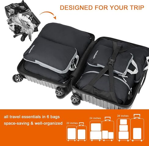مكعبات تعبئة مضغوطة من WOOMADA لحقائب تنظيم الحقائب، مجموعة من 6 حقائب ضغط للسفر، منظم حقائب سفر قابلة للتوسيع للأمتعة (رمادي) in Kuwait