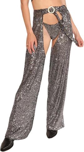 Women Buckle Bottomless Pants Sexy High Waist Rave Chaps Hollow Out Cargo Crotch Pants See Through Long Rave Leggings in Saudi Arabia