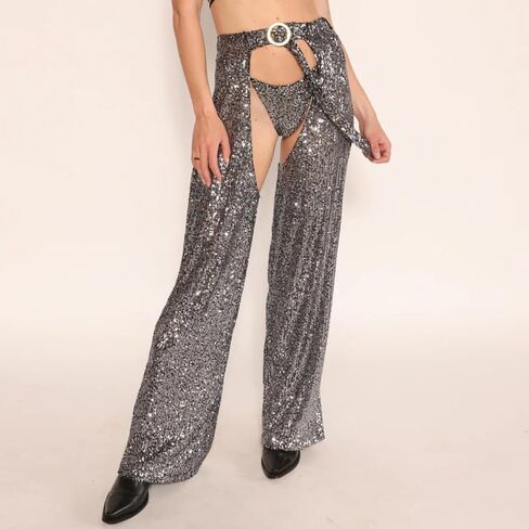 Women Buckle Bottomless Pants Sexy High Waist Rave Chaps Hollow Out Cargo Crotch Pants See Through Long Rave Leggings in Saudi Arabia