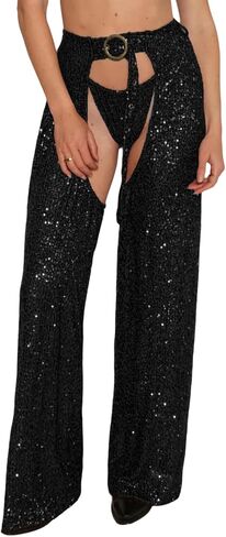 Women Buckle Bottomless Pants Sexy High Waist Rave Chaps Hollow Out Cargo Crotch Pants See Through Long Rave Leggings in Saudi Arabia