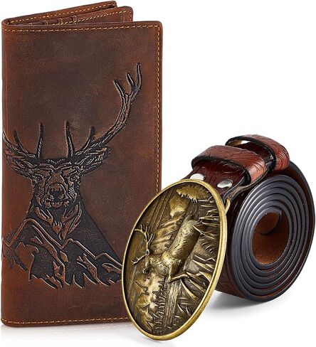 Paterr Valentines Men's Gift Set with Deer Long Billfold Rodeo Western Wallet Buckle Engraved Leather Belt Hole Puncher Accessory Set Deer Hunting Gifts Set with Gift Box for Boyfriend Husband Dad in Saudi Arabia