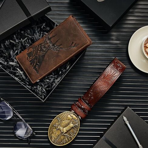 Paterr Valentines Men's Gift Set with Deer Long Billfold Rodeo Western Wallet Buckle Engraved Leather Belt Hole Puncher Accessory Set Deer Hunting Gifts Set with Gift Box for Boyfriend Husband Dad in Saudi Arabia