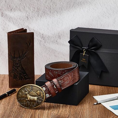 Paterr Valentines Men's Gift Set with Deer Long Billfold Rodeo Western Wallet Buckle Engraved Leather Belt Hole Puncher Accessory Set Deer Hunting Gifts Set with Gift Box for Boyfriend Husband Dad in Saudi Arabia