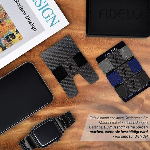 محفظة Fidelo Minimalist للرجال - محفظة رفيعة لمنع RFID للرجال وحامل بطاقات الائتمان. ألياف الكربون 3K. المحفظة المدمجة تأتي مع 4 أشرطة نقدية (أسود، رمادي داكن، رمادي فاتح وأزرق) - برستيج in Kuwait