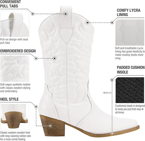أحذية Rollda النسائية لرعاة البقر الغربي بمقدمة مدببة وأحذية راعية البقر لمنتصف الساق للسيدات أحذية عصرية مطرزة بكعب مكتنز in Kuwait
