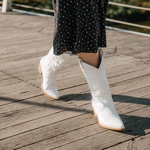 أحذية Rollda النسائية لرعاة البقر الغربي بمقدمة مدببة وأحذية راعية البقر لمنتصف الساق للسيدات أحذية عصرية مطرزة بكعب مكتنز in Kuwait