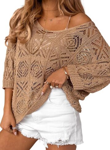 Dokotoo Women's 2024 Spring Summer Crochet Hollow Out 3/4 Sleeve Pullover Sweater Off Shoulder T-Shirts in Kuwait
