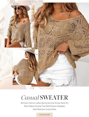 Dokotoo Women's 2024 Spring Summer Crochet Hollow Out 3/4 Sleeve Pullover Sweater Off Shoulder T-Shirts in Kuwait