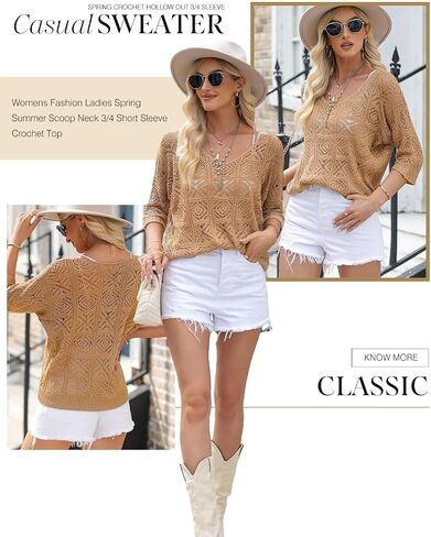 Dokotoo Women's 2024 Spring Summer Crochet Hollow Out 3/4 Sleeve Pullover Sweater Off Shoulder T-Shirts in Kuwait