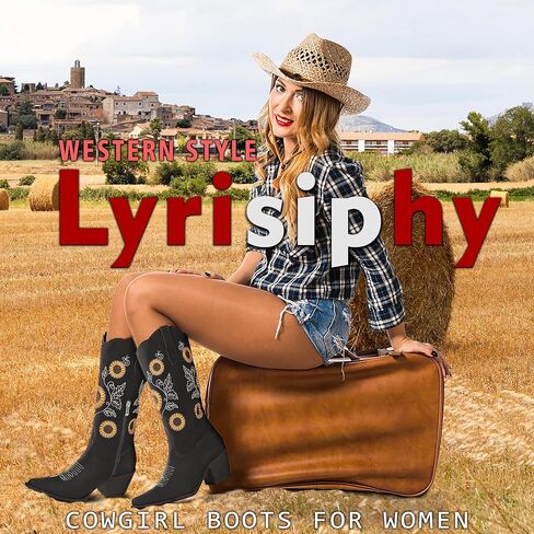 أحذية رعاة البقر النسائية من Lyrisiphy بمقدمة مدببة وكعب مكدس وعباد الشمس مطرز بمنتصف الساق أحذية غربية سوداء لراعية البقر للنساء in Kuwait