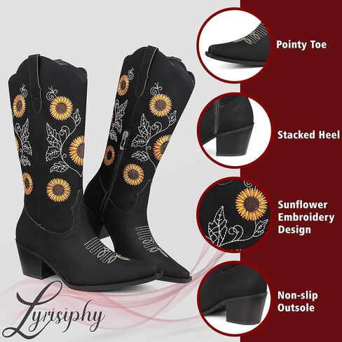 أحذية رعاة البقر النسائية من Lyrisiphy بمقدمة مدببة وكعب مكدس وعباد الشمس مطرز بمنتصف الساق أحذية غربية سوداء لراعية البقر للنساء in Kuwait