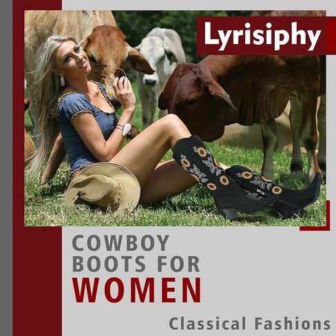 أحذية رعاة البقر النسائية من Lyrisiphy بمقدمة مدببة وكعب مكدس وعباد الشمس مطرز بمنتصف الساق أحذية غربية سوداء لراعية البقر للنساء in Kuwait