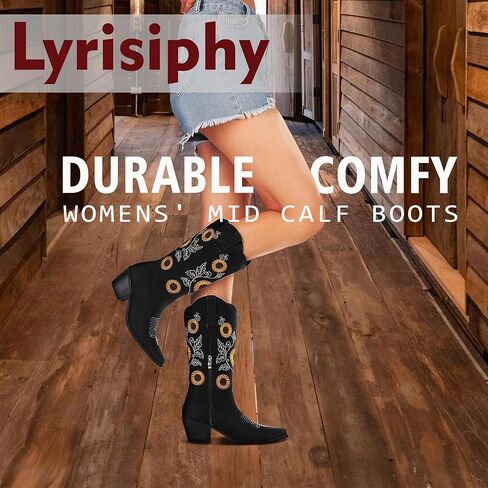 أحذية رعاة البقر النسائية من Lyrisiphy بمقدمة مدببة وكعب مكدس وعباد الشمس مطرز بمنتصف الساق أحذية غربية سوداء لراعية البقر للنساء in Kuwait