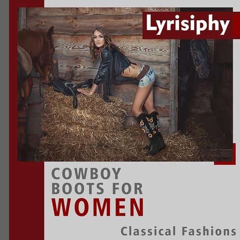 أحذية رعاة البقر النسائية من Lyrisiphy بمقدمة مدببة وكعب مكدس وعباد الشمس مطرز بمنتصف الساق أحذية غربية سوداء لراعية البقر للنساء in Kuwait