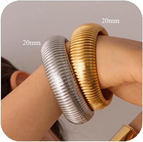 MISS RIGHT Gold Chunky Stretch Snake Chain Bangle Bracelets Stack for Women Trendy, 18K Gold Filled Stainless Steel Stretchy Womens Stackable Wristband Bangles Bracelet Set of 2 in Saudi Arabia