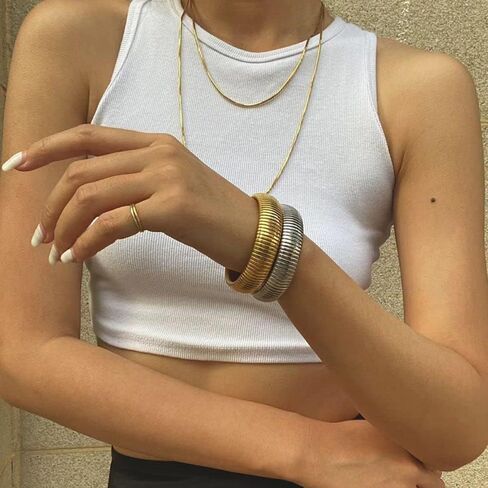 MISS RIGHT Gold Chunky Stretch Snake Chain Bangle Bracelets Stack for Women Trendy, 18K Gold Filled Stainless Steel Stretchy Womens Stackable Wristband Bangles Bracelet Set of 2 in Saudi Arabia