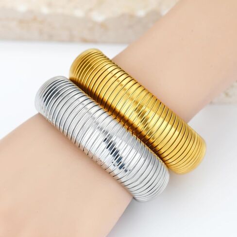 MISS RIGHT Gold Chunky Stretch Snake Chain Bangle Bracelets Stack for Women Trendy, 18K Gold Filled Stainless Steel Stretchy Womens Stackable Wristband Bangles Bracelet Set of 2 in Saudi Arabia