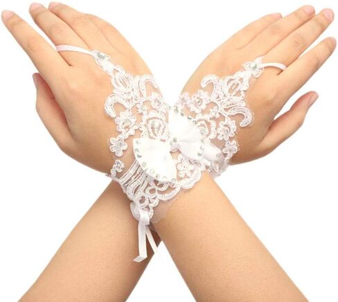 Casdre Bow Wedding Short Gloves Floral Lace Bridal Gloves Crystal Wrist Length Fingerless Gloves Jewerly for Women and Girls, Ivory, One size in Saudi Arabia