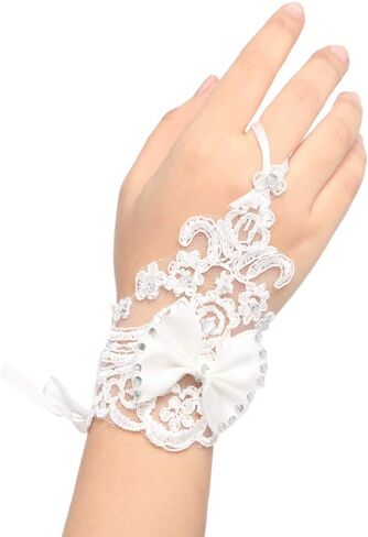 Casdre Bow Wedding Short Gloves Floral Lace Bridal Gloves Crystal Wrist Length Fingerless Gloves Jewerly for Women and Girls, Ivory, One size in Saudi Arabia