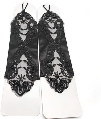 Yunyuebridal Women Fingerless Satin Evening Gloves Sequins Pearls Elbow Length Opear Theater Gloves in Kuwait