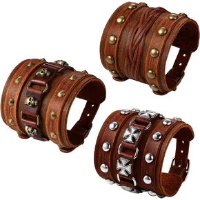 Rofusn 3PCS Wide Leather Cuff Bracelets, Adjustable Viking Mens Hand Wrap Gothic Jewerly Halloween Wristband