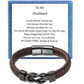 Aospkle Mens Gift Leather Infinity Bracelet, Braided Leather Bracelet Stainless Steel Engraved with Love You Forever Jewelry Gifts for Dad Husband Brother Boyfriend Son 7.5/8/9 Inches in Kuwait