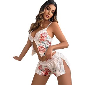 طقم ملابس داخلية حريمي من Cozyease مكون من قطعتين مزين بالدانتيل ومطبوع بالزهور وفخذين قصيرين