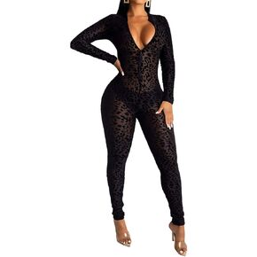 Uni Clau Women See Through Bodycon Jumpsuit - One Piece Deep V Neck Outfits Sheer Mesh Leopard Clubwear Jumpsuit Rompers in Kuwait