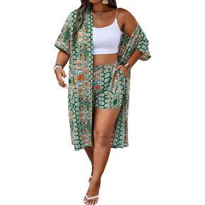 SOLY HUX Women's Plus Size 2 Piece Outfits Boho Print Open Front Half Sleeve Kimono and Shorts Set