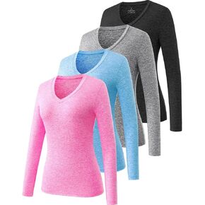 Ullnoy Women's Long Sleeve V Neck T Shirts Long Sleeve Workout Tops for Women V Neck Moisture Wicking Long Sleeve Tee Pack