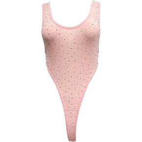 KKmeter Women's Rhinestone Sheer Mesh Lingerie Bodysuit Jumpsuit High Cut Y Back Leotard Thong Underwear