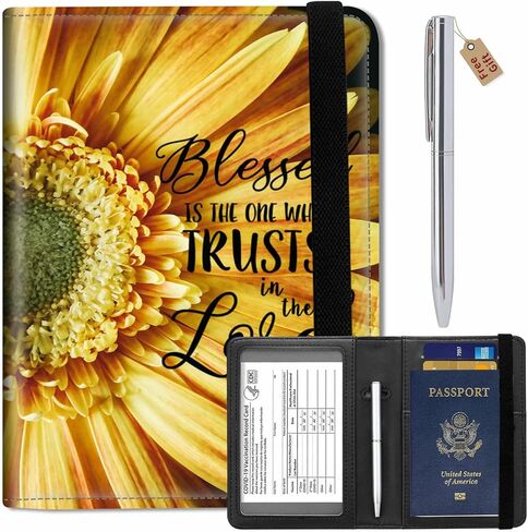 Passport Wallets and Vaccine Card Holder Combo,RFID Blocking Leather Passport Holder Cover Case with CDC Vaccination Card Slot,Travel Documents Organizer Protector+Metal Pen,Blessed Sunflower in Saudi Arabia