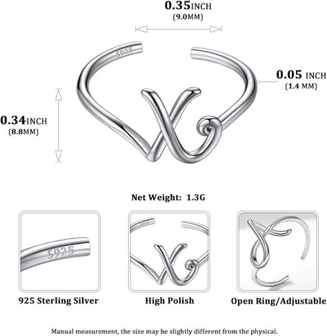 ChicSilver Personalized 925 Sterling Silver Initial Letter Ring A-Z Stackable Ring Adjustable Size 6-11(with Gift Box) in Kuwait