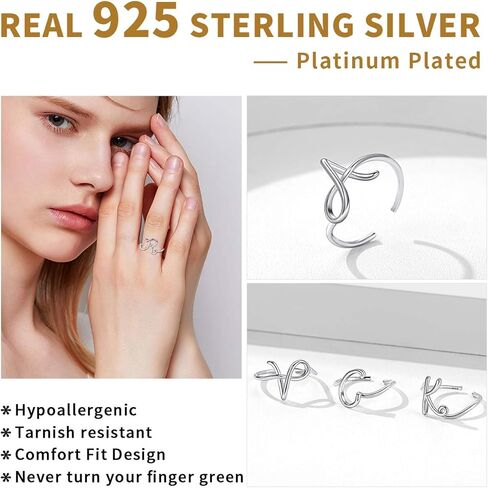 ChicSilver Personalized 925 Sterling Silver Initial Letter Ring A-Z Stackable Ring Adjustable Size 6-11(with Gift Box) in Kuwait