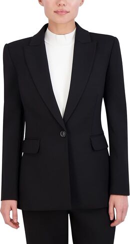 BCBGMAXAZRIA Women's V Neck Long Sleeve Straight Fit Blazer with Front Button Closure, Black in Saudi Arabia