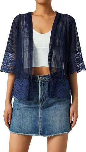 Women Casual Lace Crochet Cardigan Short Sleeve Sheer Cover Up Jacket Ruffle Open Front Blouse Tops Summer Kimono Cardigans in Saudi Arabia