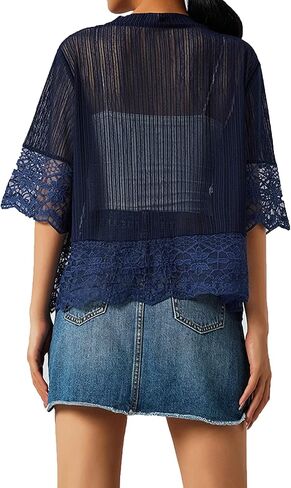 Women Casual Lace Crochet Cardigan Short Sleeve Sheer Cover Up Jacket Ruffle Open Front Blouse Tops Summer Kimono Cardigans in Saudi Arabia