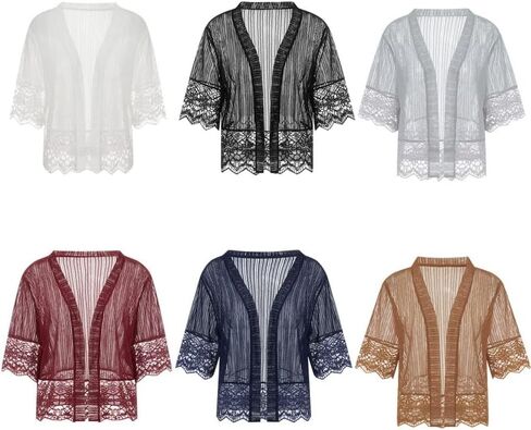 Women Casual Lace Crochet Cardigan Short Sleeve Sheer Cover Up Jacket Ruffle Open Front Blouse Tops Summer Kimono Cardigans in Saudi Arabia
