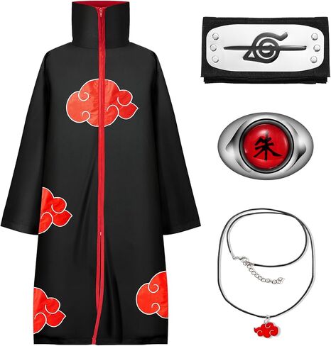 Kitimi Akatsuki Cloak Itachi Anime Cosplay زي للأطفال، عباءة سوداء للبالغين أزياء الهالوين مع قلادة عصابة الرأس in Kuwait
