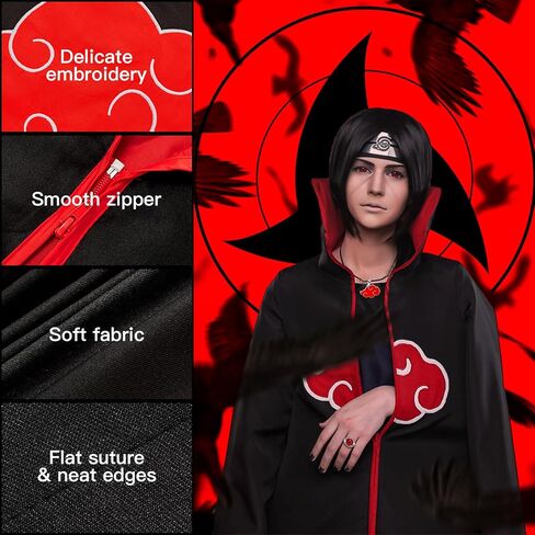 Kitimi Akatsuki Cloak Itachi Anime Cosplay زي للأطفال، عباءة سوداء للبالغين أزياء الهالوين مع قلادة عصابة الرأس in Kuwait