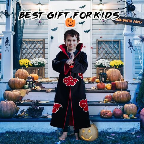 Kitimi Akatsuki Cloak Itachi Anime Cosplay زي للأطفال، عباءة سوداء للبالغين أزياء الهالوين مع قلادة عصابة الرأس in Kuwait