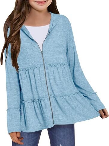 Meikulo بنات كشكش زمم هوديس سترة أطفال موضة مطوي طبقات قمصان سويت شيرت بقلنسوة معطف 5-14 سنة in Kuwait