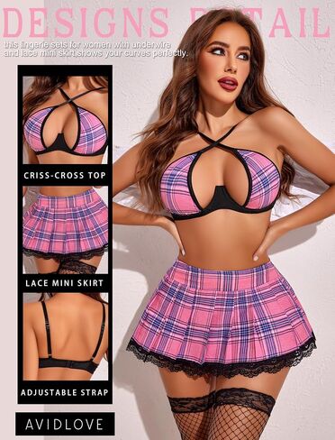 Avidlove Lingerie Set for Women with Underwire Two Piece Lingerie Sets Sexy Outfit Lingerie Set with Lace Mini Pleated Skirt in Kuwait