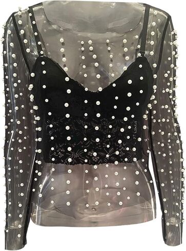 بلوزة نسائية من Honganda مزينة باللؤلؤ الشفاف بأكمام طويلة شبكية لتغطية الشاطئ in Kuwait