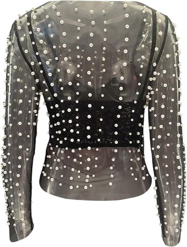 بلوزة نسائية من Honganda مزينة باللؤلؤ الشفاف بأكمام طويلة شبكية لتغطية الشاطئ in Kuwait