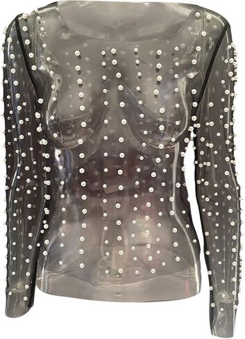 بلوزة نسائية من Honganda مزينة باللؤلؤ الشفاف بأكمام طويلة شبكية لتغطية الشاطئ in Kuwait