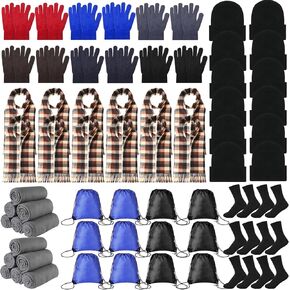 Suhine 72 Pieces Homeless Winter Warmth Kit Homeless Care Package Supplies Bulk Blanket Gloves Socks Beanies Scarves and Drawstring Bags for Multicolor Homeless Charity Care Warm Gift, Large Sizes in Saudi Arabia