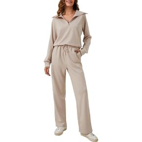 YKR Womens 2 Piece Sweatsuits Oversized Half Zip Pullover Sweatshirt with Wide Leg Sweatpants Lounge Sets Tracksuit Apricot S 1 in Kuwait