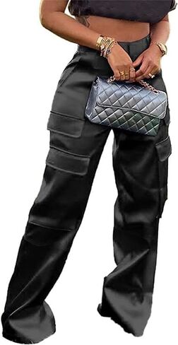 Satin Cargo Pants for Women High Waisted Multiple Pockets Wide Leg Trouser in Kuwait